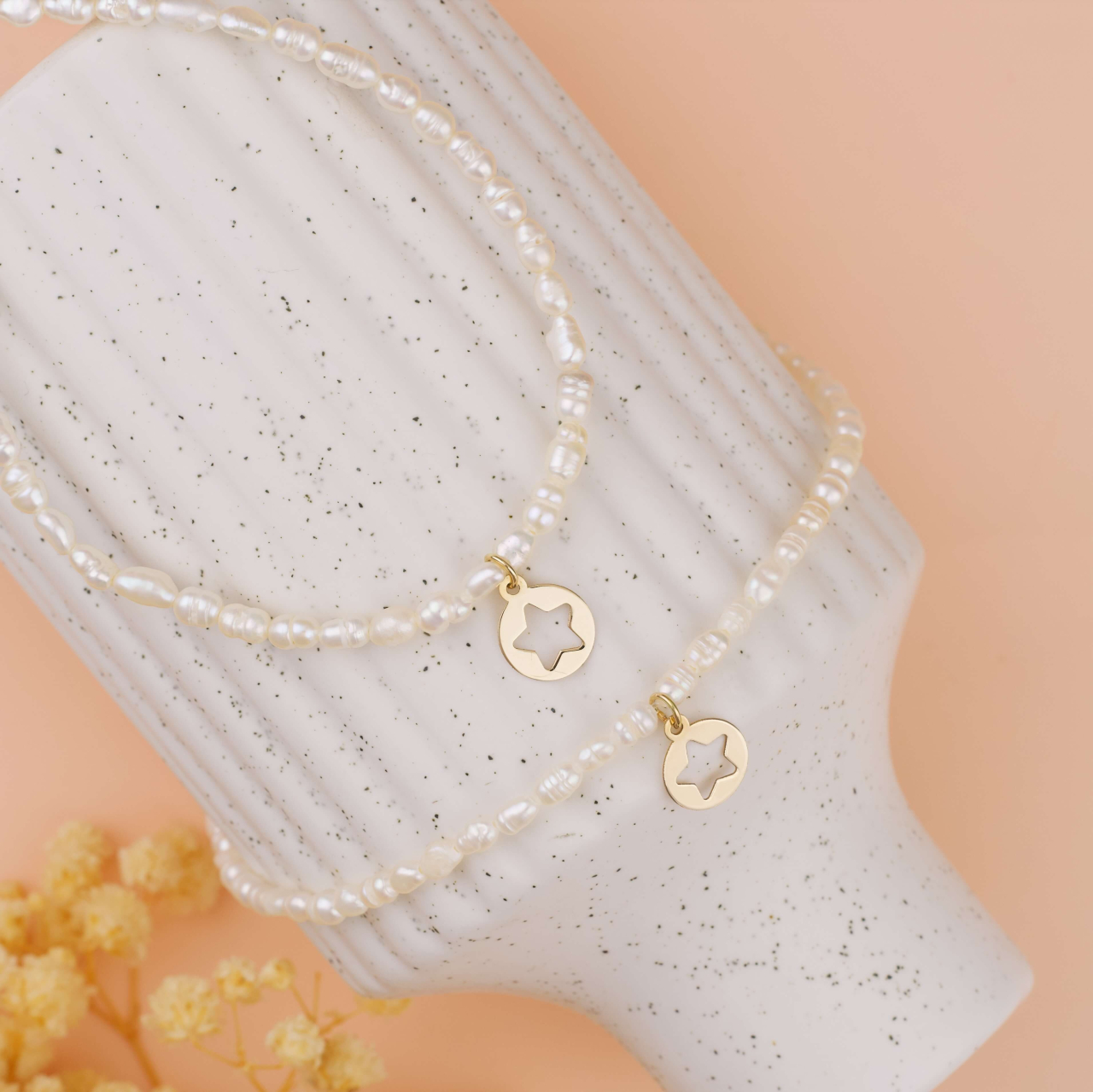 Set perle si Aur 14K - Colier si bratara din perle naturale bob de orez si pandantive banut 8 mm din Aur 14K Stea [2]