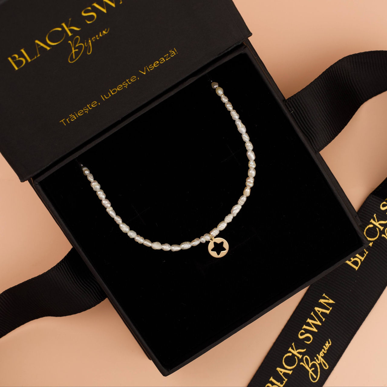 Set perle si Aur 14K - Colier si bratara din perle naturale bob de orez si pandantive banut 8 mm din Aur 14K Stea [6]