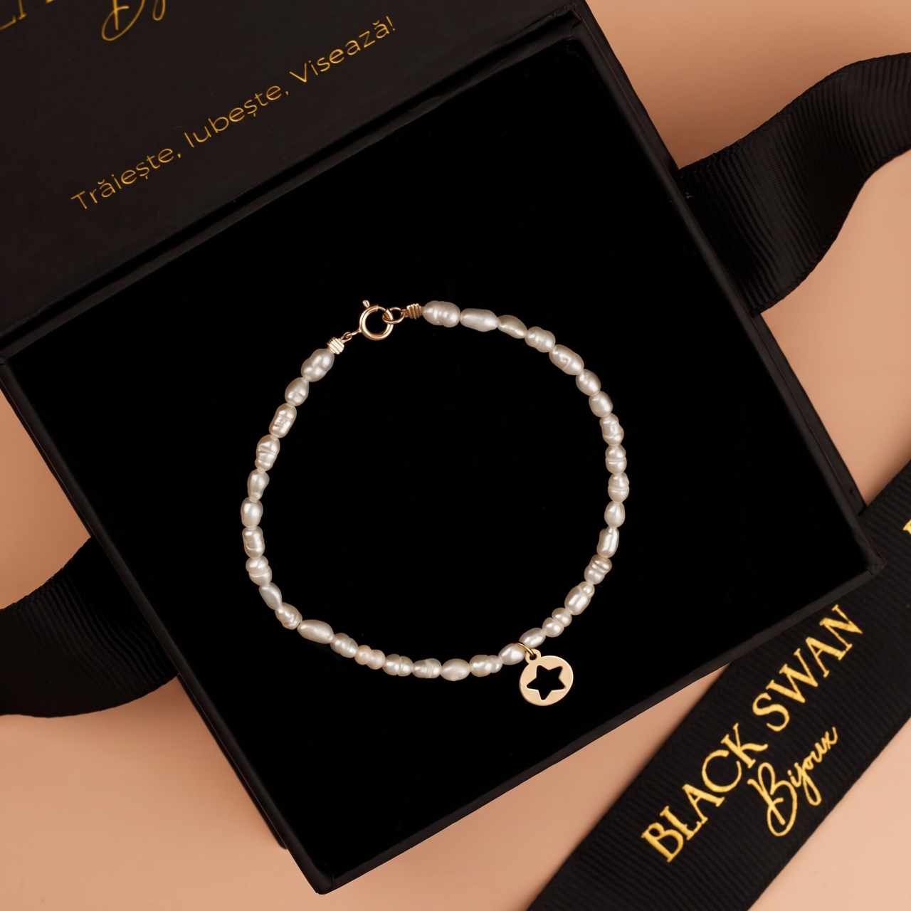 Set perle si Aur 14K - Colier si bratara din perle naturale bob de orez si pandantive banut 8 mm din Aur 14K Stea [5]