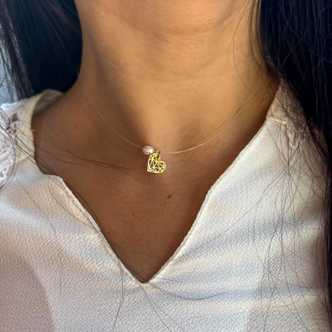 Colier cu guta la baza gatului si pandativ inimioara origami din aur 14K, biluta aur 2.5mm si perla [1]