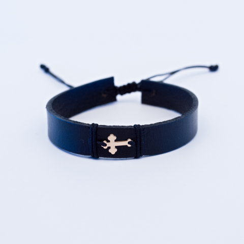 Bratara din piele si cruciulita din aur 14K Unisex - Femei Barbati [3]