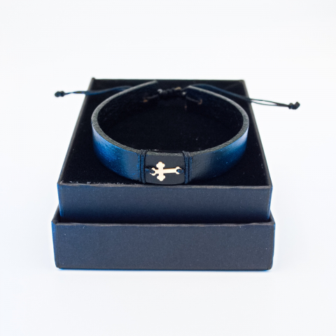 Bratara din piele si cruciulita din aur 14K Unisex - Femei Barbati [4]