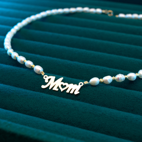 Colier MOM / MAMA cu perle de cultura, 10 bilute de 2 mm aur 14K si pandantiv [3]
