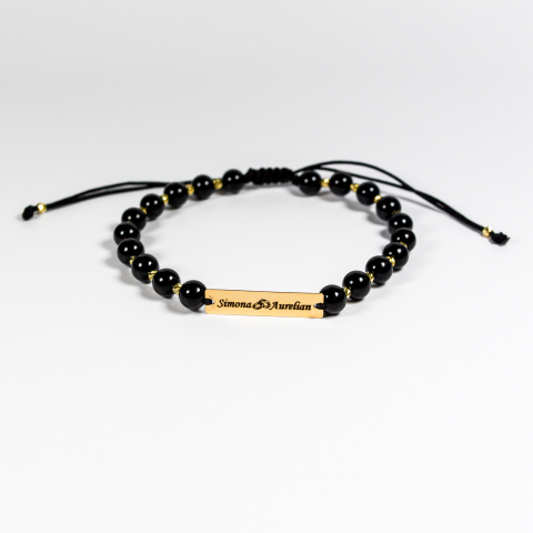 Set cadou cuplu - Bratari cu bilute din aur 14K, onyx si placuta din aur 14K gravata personalizat [5]