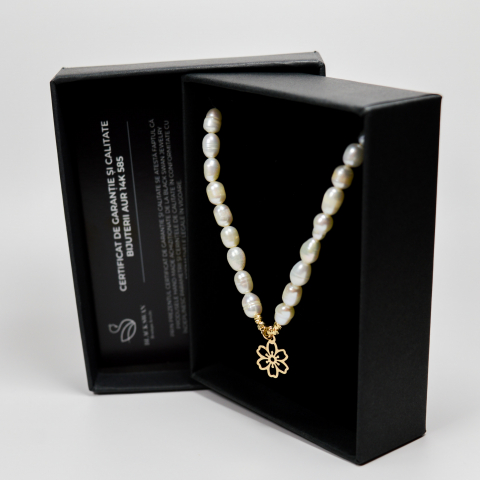 Colier perle la baza gatului si bilute din aur 14k 2.5mm cu pandativ floare din aur 14K [2]