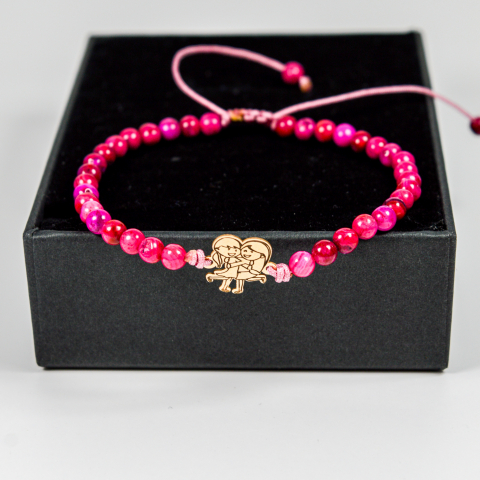 Bratara reglabila cu margele onyx roz si figurina din aur 14K - Sisters Love [1]
