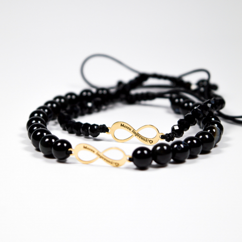 Seturi cuplu - Set bratari hand-made cu simbol infinit din aur 14K si pietre semipretioase onyx negre