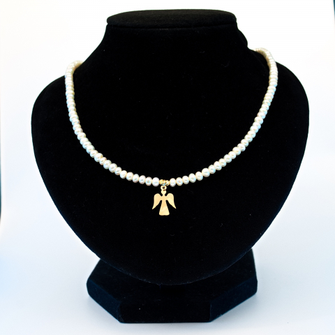 Colier perle naturale - Colier perle naturale cu pandantiv ingeras din aur 14K bilute din aur 2.5mm si incheietoare fixa din aur