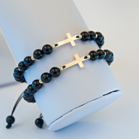 Seturi cuplu - Set bratari cuplu Aur, onix negre, bilute din aur 2.5 mm si cruciulita din aur 14K