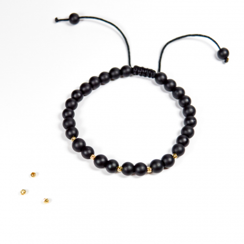 Bratara reglabila cu bile onix negre mate si bilute din aur de 2.5 mm 14K pentru barbati [3]