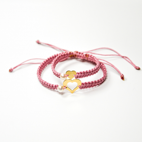 Set bratara MAMA-FIICA cu inimioare din aur 14K si 2 perlute de cultura - Set cadou [2]