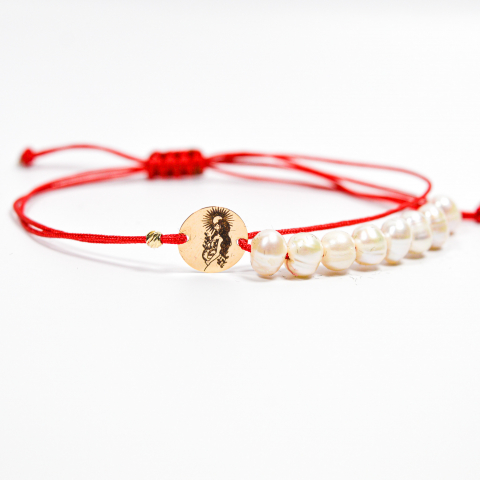 BRĂȚĂRI - Bratara reglabila cu perle de cultura, banut gravat din aur 14K si biluta din aur 2.5 mm