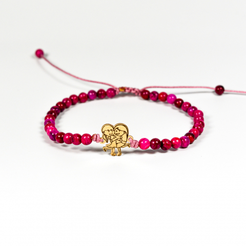 Bratari Onyx si banut din aur - Bratara reglabila cu margele onyx roz si figurina din aur 14K - Sisters Love