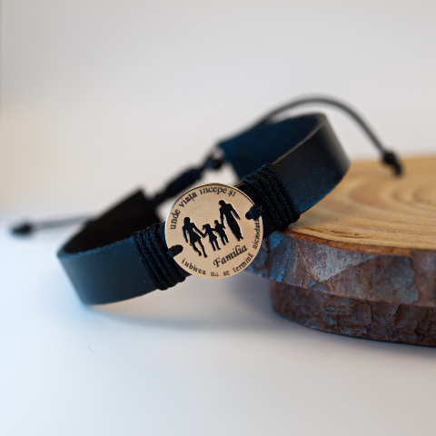 Bratari barbati din aur cu piele - Bratara din piele si banut din aur 14K 16mm 'Familia' pentru barbati