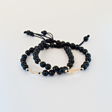Set bratari cuplu Aur, onix negre, bilute din aur 2.5 mm si cruciulita din aur 14K [3]