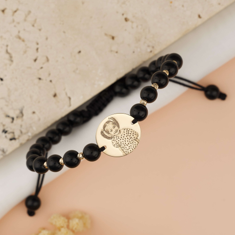 Bijuterii personalizate cu poza - Bratara barbati cu bile bile negre onix si bilute din Aur 14K - Banut Aur 14K 16 mm cu Fotogravura