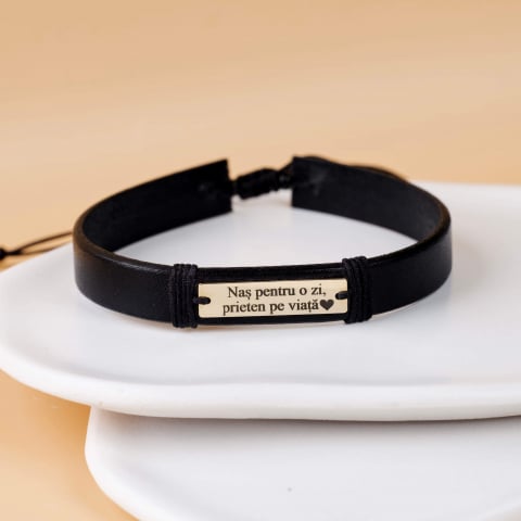 Cadou pentru nasi - Bratara din piele barbati si aur - Placuta gravata din Aur 14k - Cadou pentru nasu