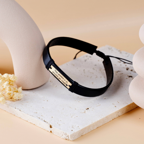 Bratara din piele barbati si aur - Placuta gravata din Aur 14k - Cadou pentru nasu [2]