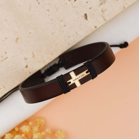 AUR - Bratara Barbati Piele Neagra / Maro si Cruciulita dir Aur 14K Gravabila