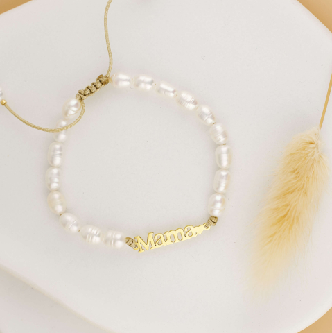 8 Martie - Bratara Cadou Mama - Bratara din perle de cultura snur matase si link 'Mama' Argint 925 suflat cu Aru 18K