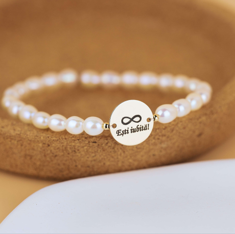 8 Martie - Bratara din perle naturale de cultura si banut 12mm Aur 14K 'Esti iubita!'