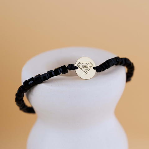 Cadouri pentru EA - Bratara onyx negre si banut din Aur 14K 10 mm - Super Mama