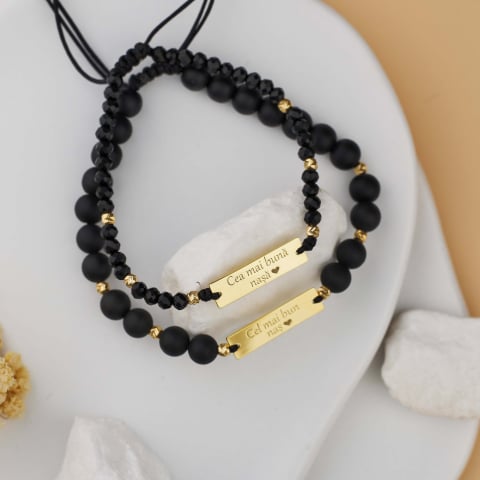Cadou pentru nasi - Set Cadou Premium pentru Nasi - Bratari Onyx cu placuta garavata din Argint 925 Placate cu Aur 14K