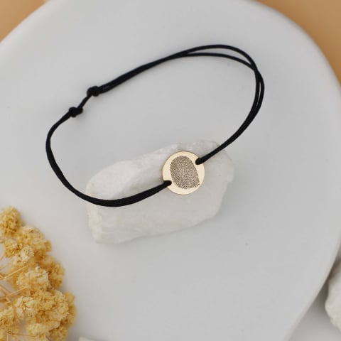 Bratara pentru barbati cu snur - Bratara cu snur reglabil si banut din Aur 14K 12 mm - Amprenta gravata