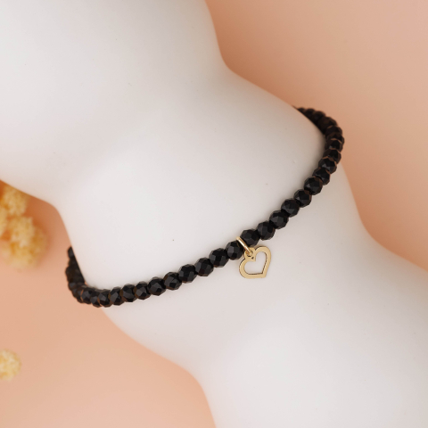 Bratari cu bilute din aur - Bratara dama cristale negre fatetate si charm / pandantiv Inima din Aur 14K