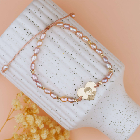 Bijuterii Personalizate - Bratara din perle naturale de cultura si Inima cu Fotogravura 18 mm din Argint placat cu Aur 18K