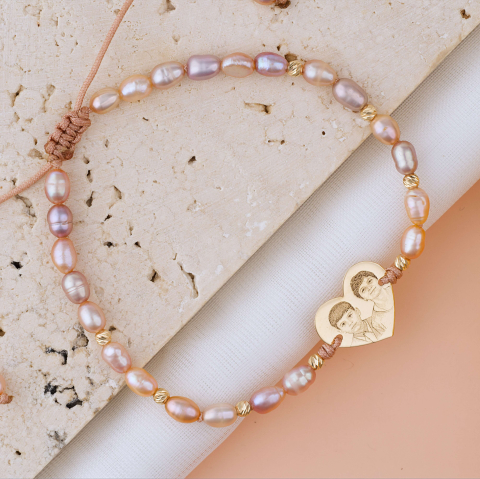 CADOURI - Bratara din aur personalizata cu poza fata-verso - Perle de cultura peach - Aur 14K