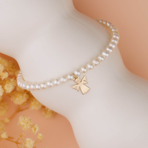 Bratari cu perle naturale - Bratara din perle de cultura AAA+ si pandantiv / charm Ingeras din Aur 14K
