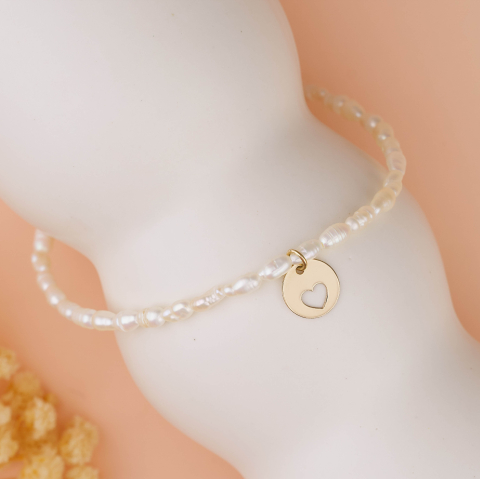 Bratari cu perle naturale - Bratara perle naturale de cultura si charm banut Aur 14K Inima  10 mm