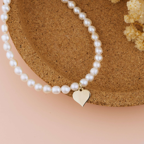 Bratari cu perle naturale - Bratara din perle de cultura AAA si pandantiv / charm din Aur 14K inima