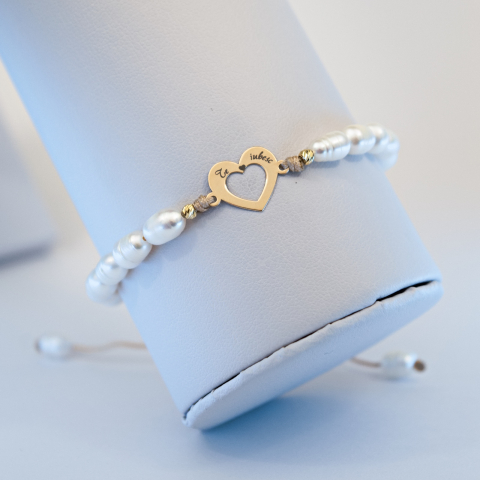 Bratari cu perle naturale - Bratara din perle de cultura si inima din aur 14K, bilute aur 2.5 mm - Gravat 'Te iubesc!'