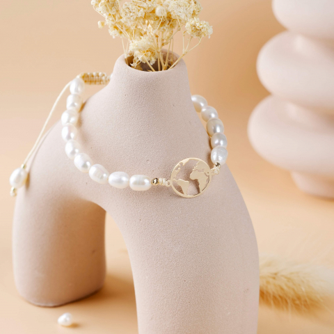 Bratari cu perle naturale - Bratara cu perle de cultura si banut aur 14K Globul Pamantesc