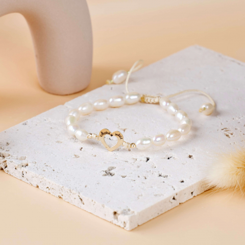 Bratara din perle de cultura si inima din aur 14K, bilute aur 2.5 mm - Gravat 'Mosică Iubită' [1]