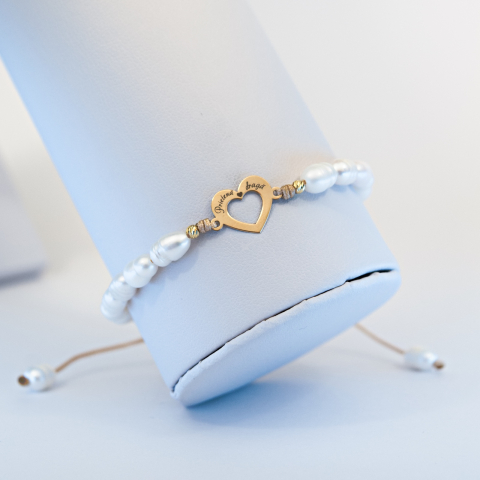BRĂȚĂRI - Bratara din perle de cultura si inima din aur 14K, bilute aur 2.5 mm - Gravat 'Prietenă Dragă'
