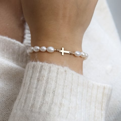 Bratari cu perle naturale - Bratara perle naturale si cruciulita din aur 14K