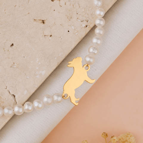 Bijuterii Personalizate - Bratara din Perle Naturale de Cultura cu Buldog Francez din Argint 925 / Argint Placat cu Aur 18K