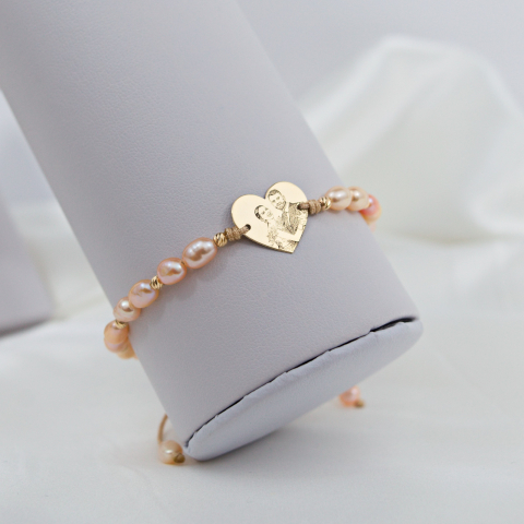 Bratara din aur personalizata cu poza fata-verso - Perle de cultura peach - Aur 14K [3]
