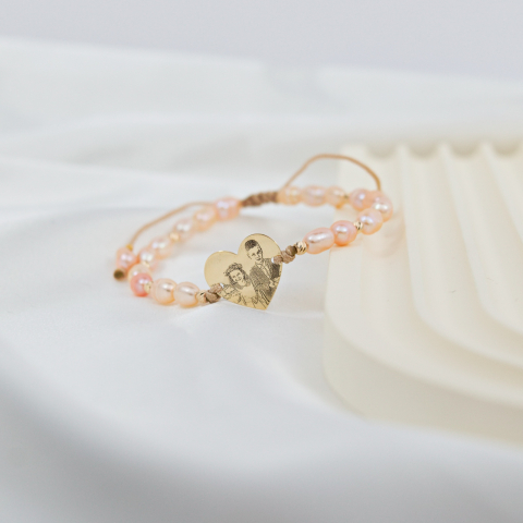Bratara din aur personalizata cu poza fata-verso - Perle de cultura peach - Aur 14K [2]
