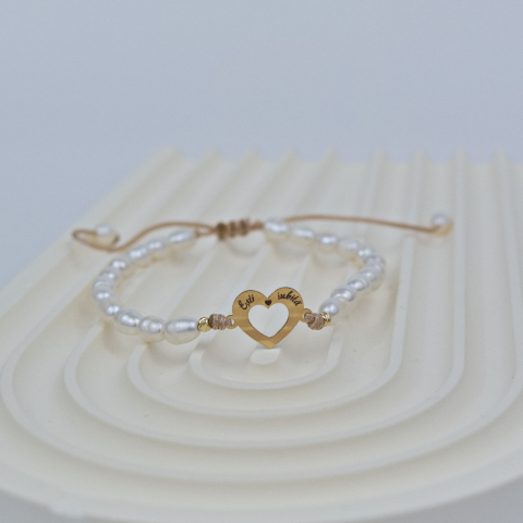 Bratara din perle naturale si inima din aur 14K, bilute aur 2.5 mm - Mesaj gravat  'Esti iubita!' [2]