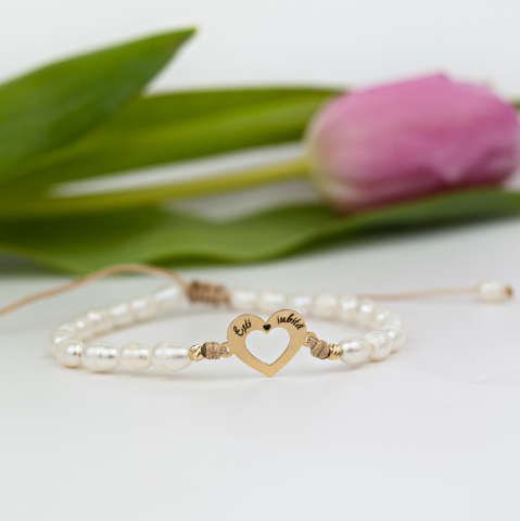 Bratara din perle naturale si inima din aur 14K, bilute aur 2.5 mm - Mesaj gravat  'Esti iubita!' [1]