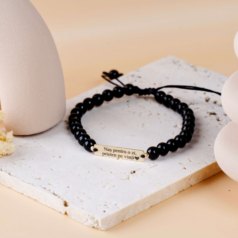 Bratara cu bile negre onyx si aur - Placuta gravata din Aur 14k - Cadou pentru nasu [1]