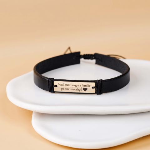 Cadou pentru nasi - Bratara din piele barbati si aur - Placuta gravata din Aur 14k - Cadou pentru nasi
