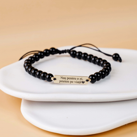 Cadou pentru nasi - Bratara cu bile negre onyx si aur - Placuta gravata din Aur 14k - Cadou pentru nasu