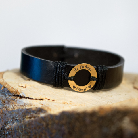 Cadou pentru cumatri - Set cadou pentru nani - Bratari piele cu disc din aur 14K 'Te iubesc Nanu / Nana'