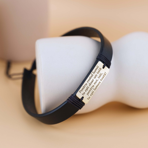 BRĂȚĂRI BĂRBAȚI - Bratara piele naturala  barbati si placuta din Aur 14K - Mesaj personalizat / Declaratie