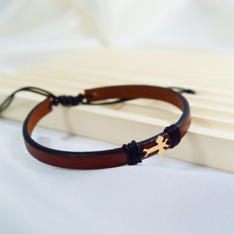 BRĂȚĂRI BĂRBAȚI - Bratara din piele si cruciulita din aur 14K Unisex - Femei Barbati